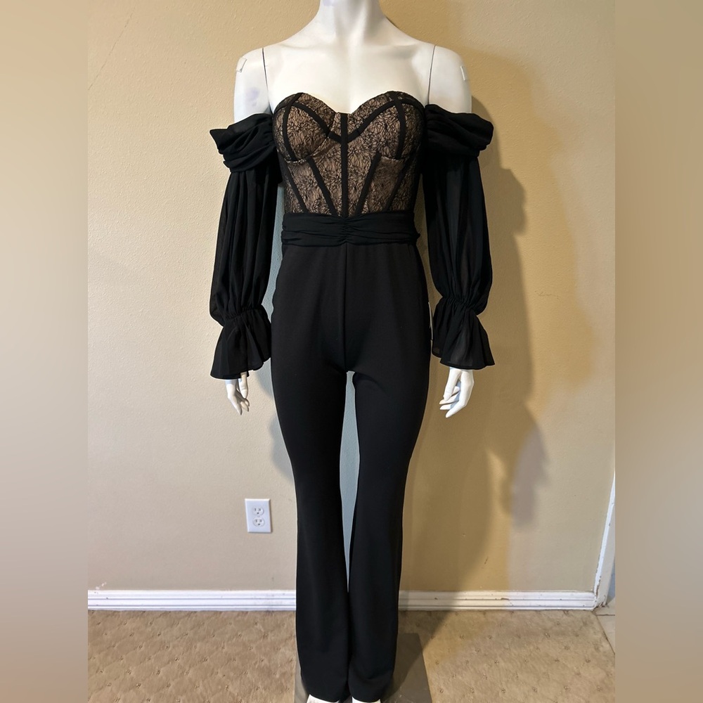 MISS CIRCLE NY Hannah Black Lace Corset off Shoulder Jumpsuit - Picture 2 of 13